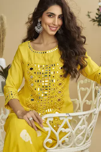 Yellow mirror work silk semi-stitch palazzo suit