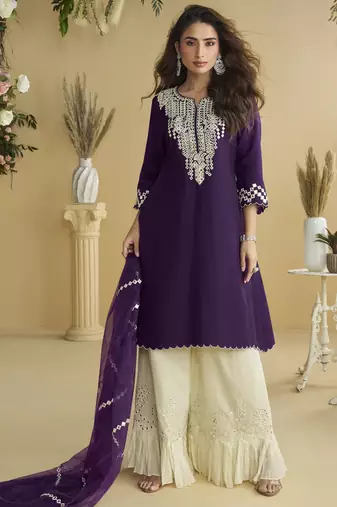 Dark purple mirror work silk semi-stitch palazzo suit with organza dupatta