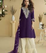 Dark purple mirror work silk semi-stitch palazzo suit with organza dupatta