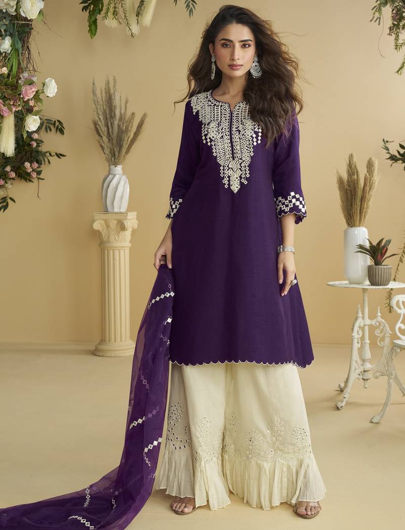 Dark purple mirror work silk semi-stitch palazzo suit with organza dupatta