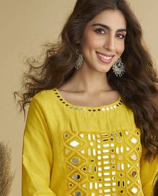 Yellow mirror work silk semi-stitch palazzo suit 3
