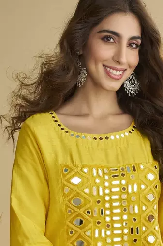Yellow mirror work silk semi-stitch palazzo suit
