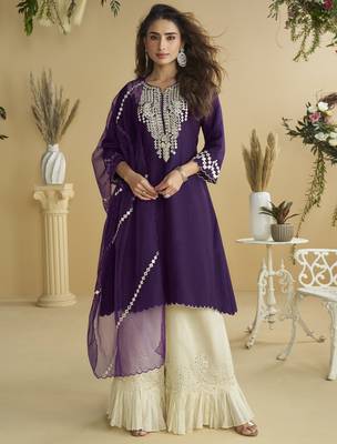 Dark purple mirror work silk semi-stitch palazzo suit with organza dupatta 2