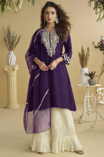 Dark purple mirror work silk semi-stitch palazzo suit with organza dupatta