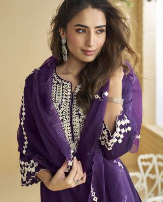 Dark purple mirror work silk semi-stitch palazzo suit with organza dupatta 3