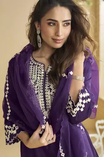 Dark purple mirror work silk semi-stitch palazzo suit with organza dupatta