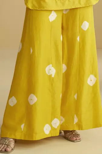 Yellow mirror work silk semi-stitch palazzo suit