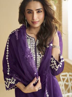 Dark purple mirror work silk semi-stitch palazzo suit with organza dupatta 4