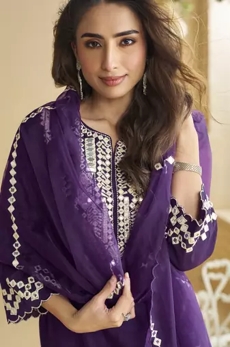 Dark purple mirror work silk semi-stitch palazzo suit with organza dupatta