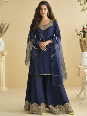 Navy blue mirror work silk semi-stitch palazzo suit with organza dupatta 1