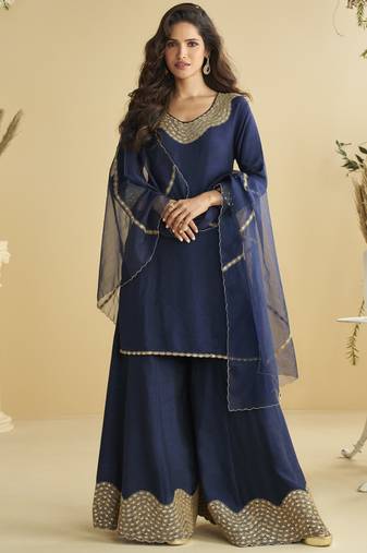 Navy blue mirror work silk semi-stitch palazzo suit with organza dupatta