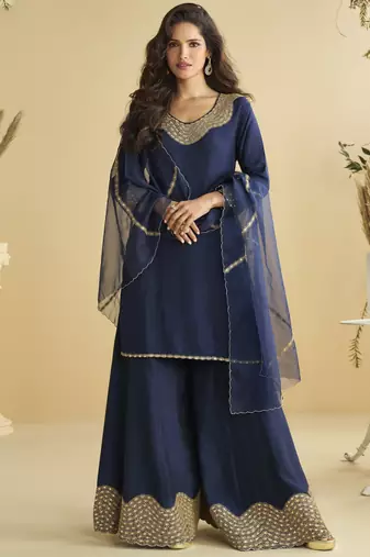 Navy blue mirror work silk semi-stitch palazzo suit with organza dupatta