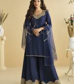 Navy blue mirror work silk semi-stitch palazzo suit with organza dupatta