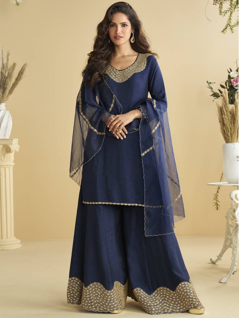 Navy blue mirror work silk semi-stitch palazzo suit with organza dupatta