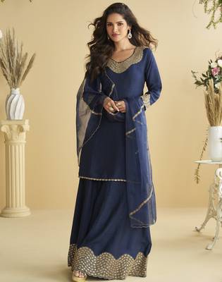 Navy blue mirror work silk semi-stitch palazzo suit with organza dupatta 2