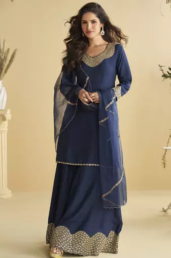 Navy blue mirror work silk semi-stitch palazzo suit with organza dupatta