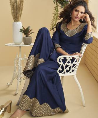Navy blue mirror work silk semi-stitch palazzo suit with organza dupatta 3