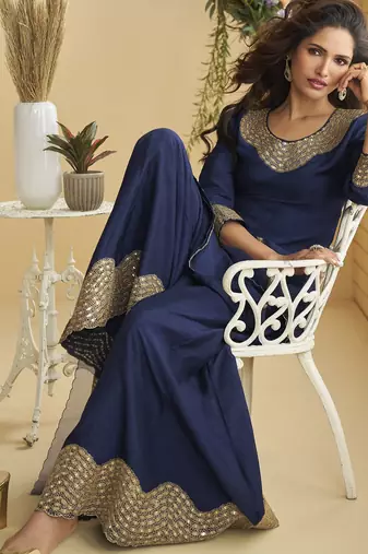 Navy blue mirror work silk semi-stitch palazzo suit with organza dupatta