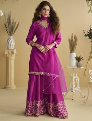 Dark pink mirror work silk semi-stitch palazzo suit with organza dupatta 1