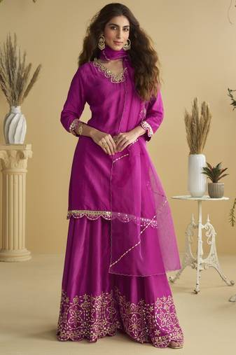 Dark pink mirror work silk semi-stitch palazzo suit with organza dupatta