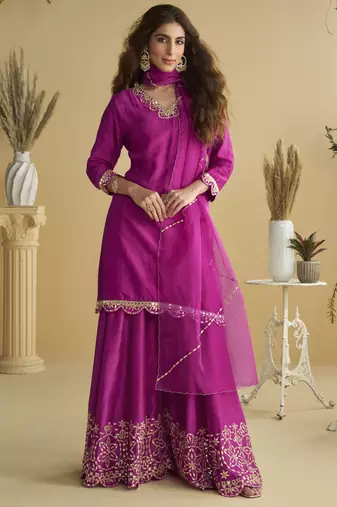 Dark pink mirror work silk semi-stitch palazzo suit with organza dupatta