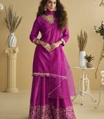 Dark pink mirror work silk semi-stitch palazzo suit with organza dupatta