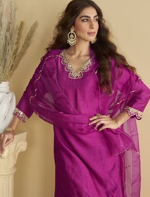 Dark pink mirror work silk semi-stitch palazzo suit with organza dupatta 2