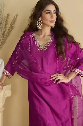 Dark pink mirror work silk semi-stitch palazzo suit with organza dupatta