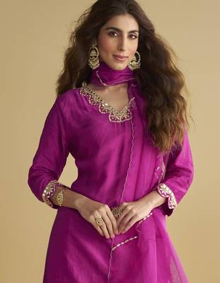 Dark pink mirror work silk semi-stitch palazzo suit with organza dupatta 3