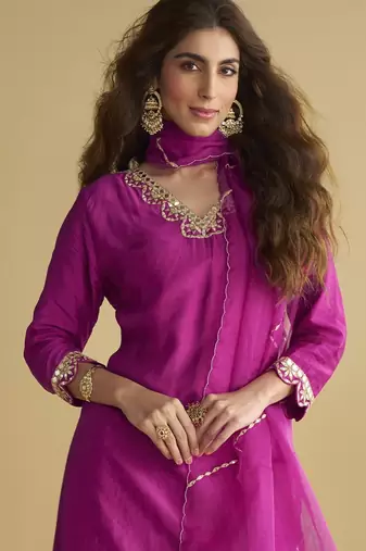 Dark pink mirror work silk semi-stitch palazzo suit with organza dupatta