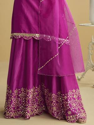 Dark pink mirror work silk semi-stitch palazzo suit with organza dupatta 4
