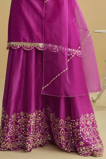 Dark pink mirror work silk semi-stitch palazzo suit with organza dupatta