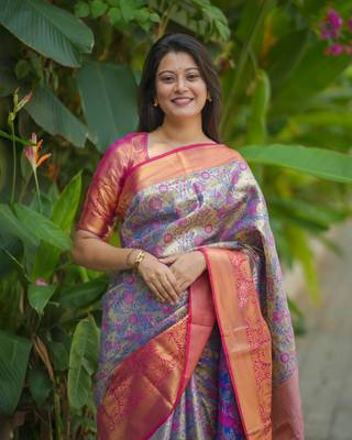lavender & rani pink kanjivaram silk saree with golden zari work 2