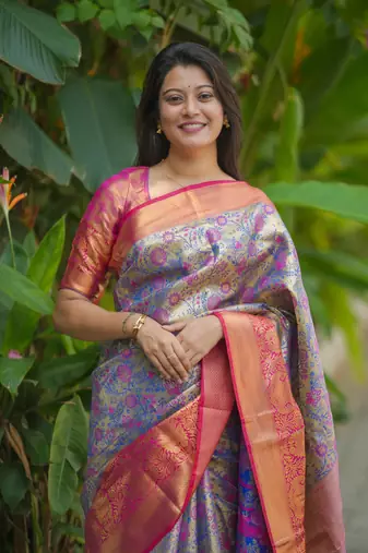 lavender & rani pink kanjivaram silk saree with golden zari work