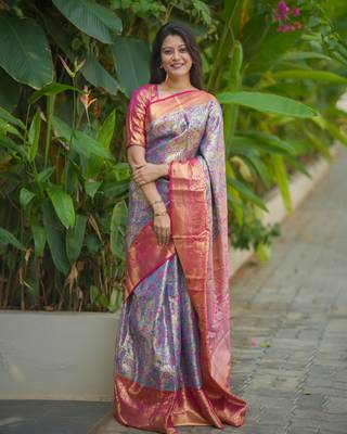 lavender & rani pink kanjivaram silk saree with golden zari work 1