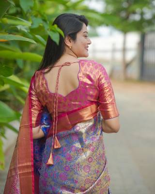 lavender & rani pink kanjivaram silk saree with golden zari work 5