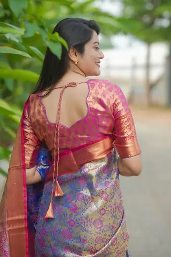 lavender & rani pink kanjivaram silk saree with golden zari work