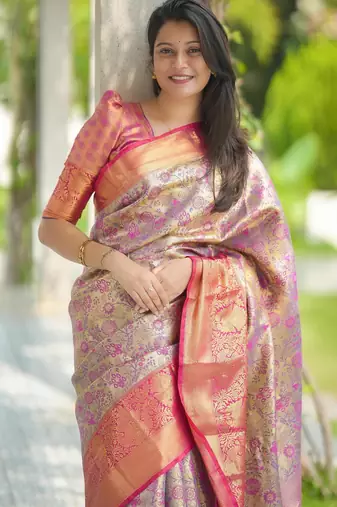 gold & rani pink zari woven kanjivaram silk saree