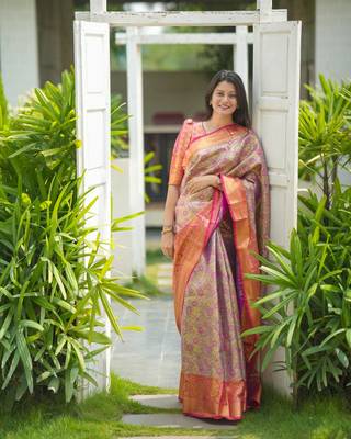 gold & rani pink zari woven kanjivaram silk saree 1