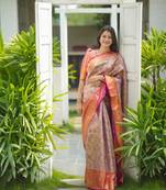 gold & rani pink zari woven kanjivaram silk saree