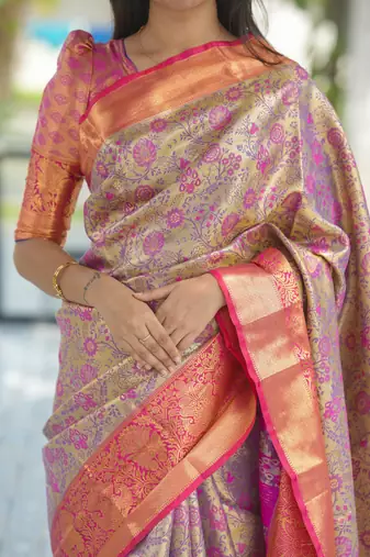 gold & rani pink zari woven kanjivaram silk saree