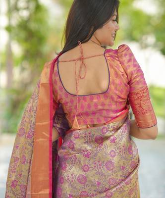 gold & rani pink zari woven kanjivaram silk saree 4