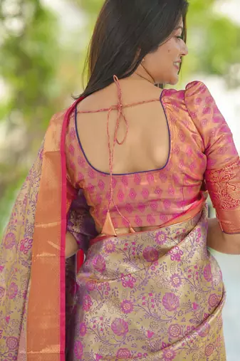 gold & rani pink zari woven kanjivaram silk saree