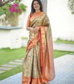 gold & peach pure kanjivaram silk saree with floral zari weaving