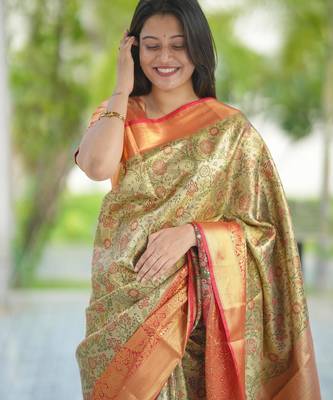 gold & peach pure kanjivaram silk saree with floral zari weaving 3