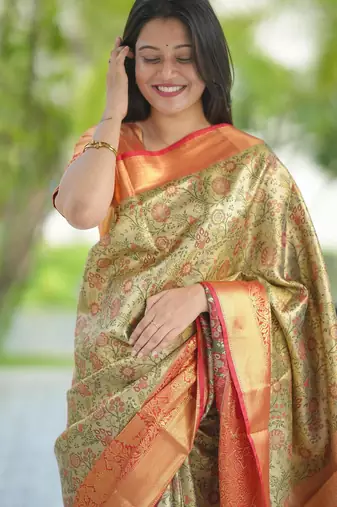 gold & peach pure kanjivaram silk saree with floral zari weaving