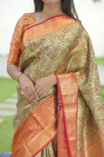 gold & peach pure kanjivaram silk saree with floral zari weaving