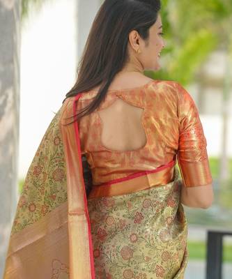 gold & peach pure kanjivaram silk saree with floral zari weaving 5