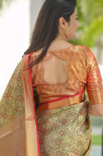 gold & peach pure kanjivaram silk saree with floral zari weaving
