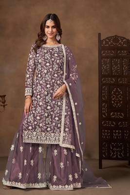 Purple net  zari work salwar kameez suits size up to 42 1
